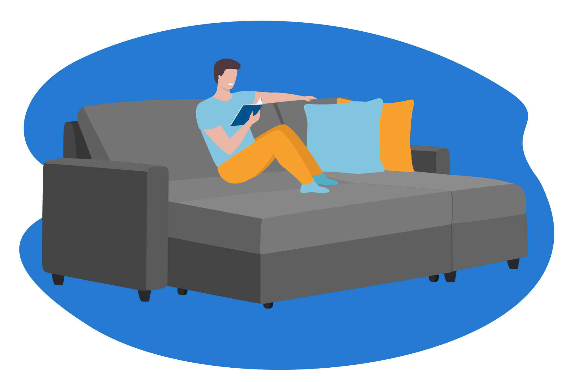 A man is sitting on full-size sofa bed comfortably